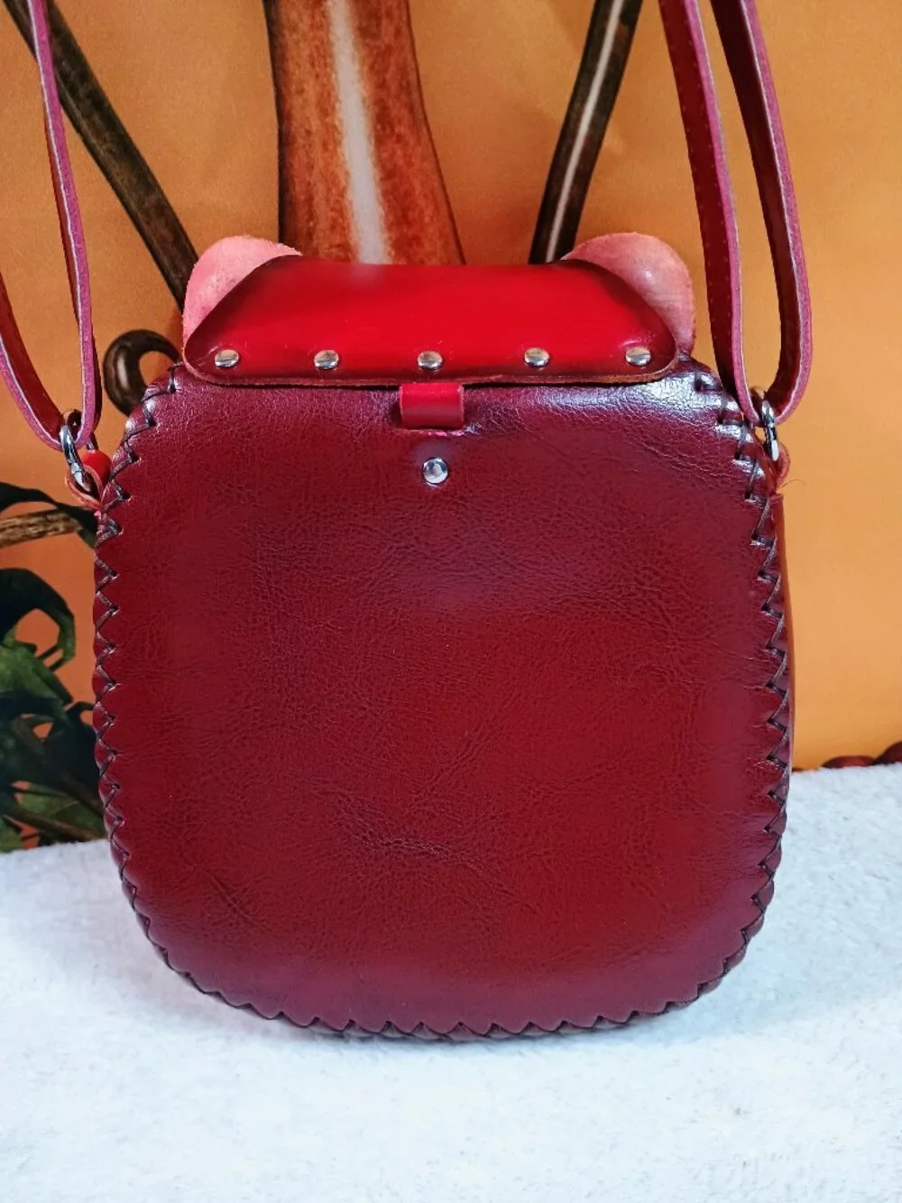 EUC Handmade Tooled Leather Red & Maroon Cat Novelty Crossbody Bag Small